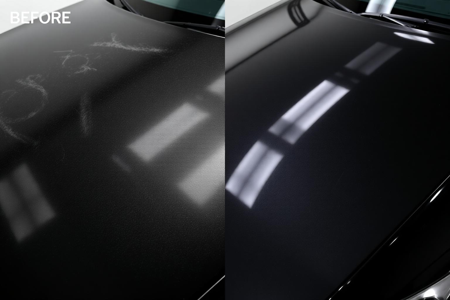 Before and after of a polished black hood: scratches removed and mirror finish restored.
