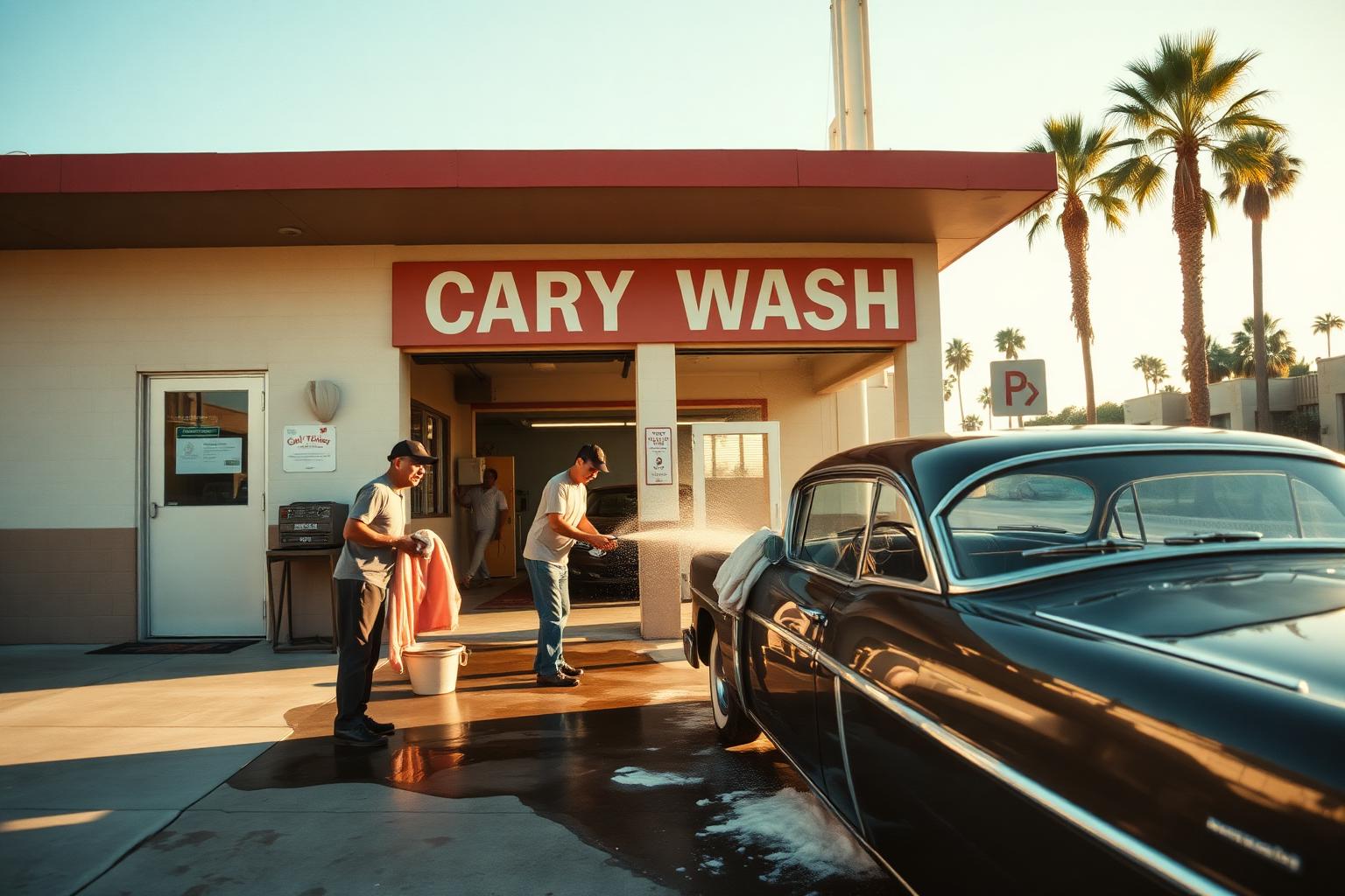 Attendants hand-washing a classic car at the Los Feliz Car Wash, with the patio seating visible.
